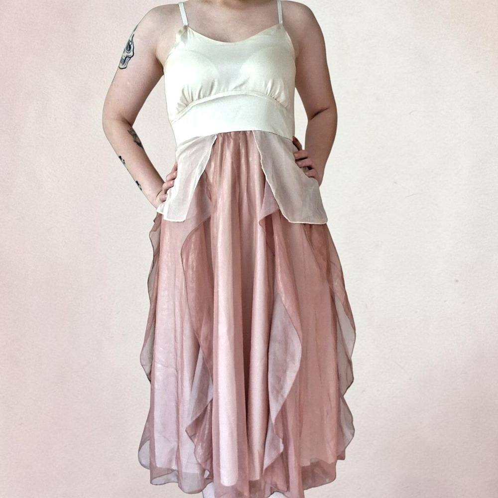 Vintage Y2K Dusty Rose Pink Cream Ivory Organza Layered Midi Dress Fairycore M - Picture 16 of 16
